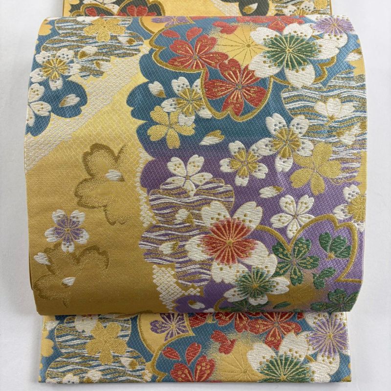 美品】 袋帯 秀品 振袖向き 桜 鹿子柄 金銀糸 箔 金色 六通 正絹｜中古