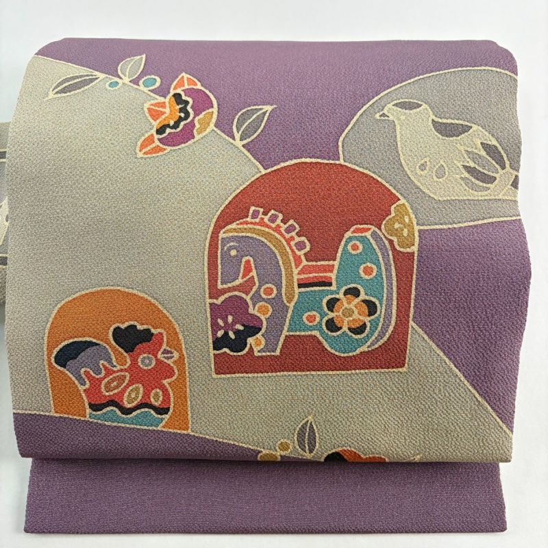 アンティーク♡裂織 名古屋帯　グリーン　紫　#1292 名古屋帯 秀品 落款あり 玩具 鳥 縮緬 紫 正絹｜中古・古着