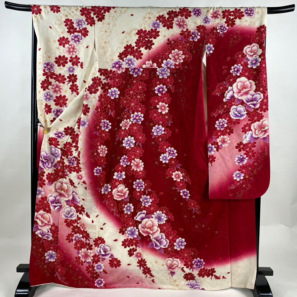 【初売り】 身丈159.5cm 振袖 裄丈65.5cm 正絹 赤 ぼかし 金彩 桜 蝶 袷 M 着物・浴衣
