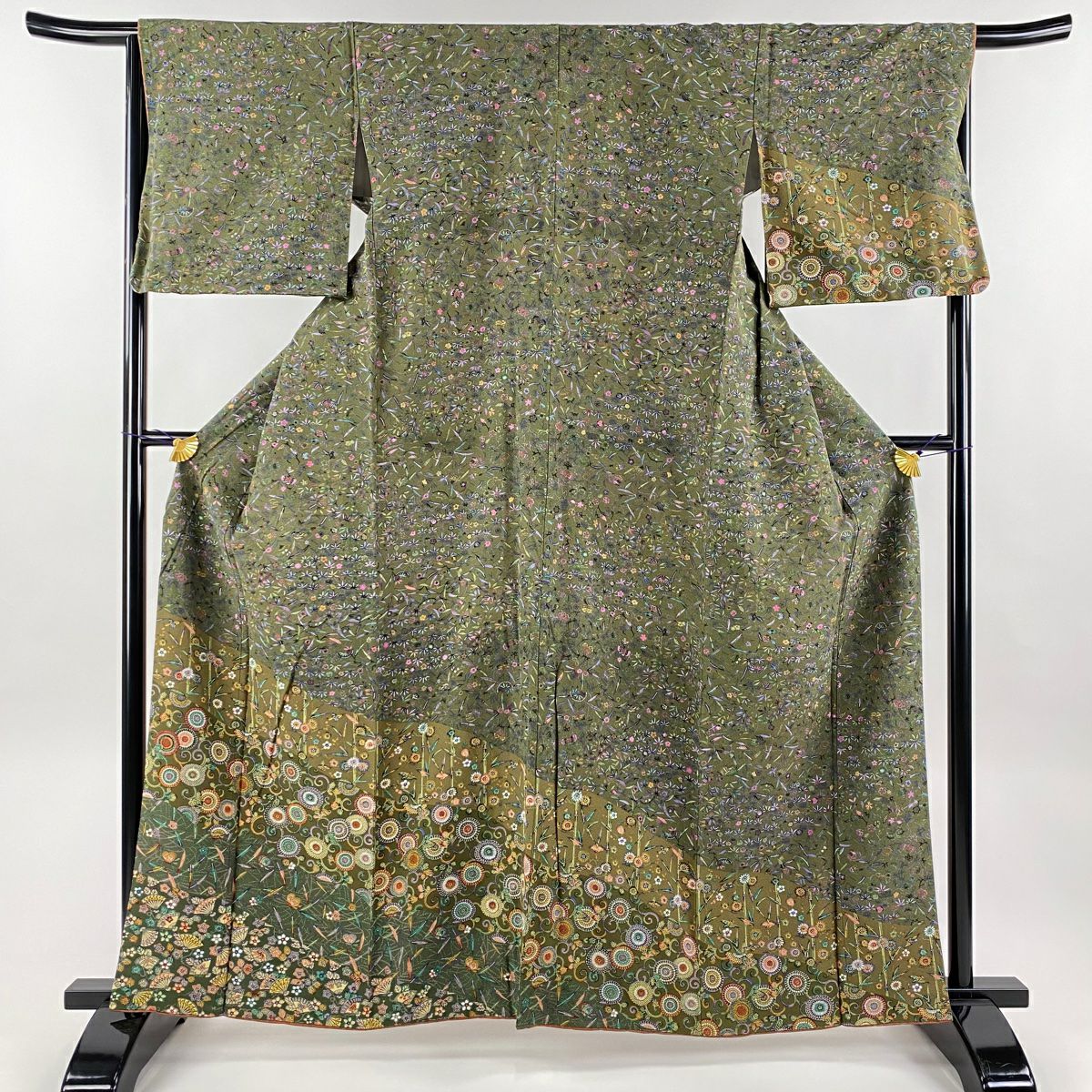 道中着 身丈100.5cm 裄丈66cm M 三本賢 和装コート 衿付き 扇面 道中着 身丈100.5cm 裄丈66cm M 三本賢 和装コート 衿付き 扇面