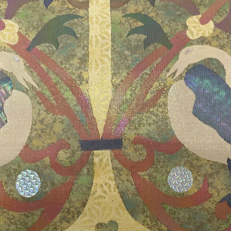 袋帯 秀品 鳥 唐草 箔 黄緑色 お太鼓柄 正絹｜中古・古着