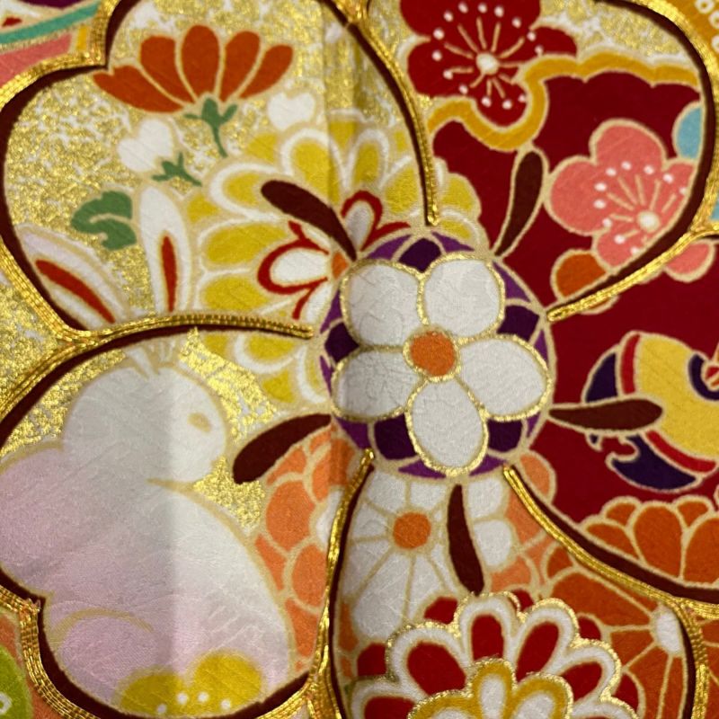 振袖 身丈163cm 裄丈68cm L 袷 手鞠 桜 金彩 染め分け 青緑 正絹 名品