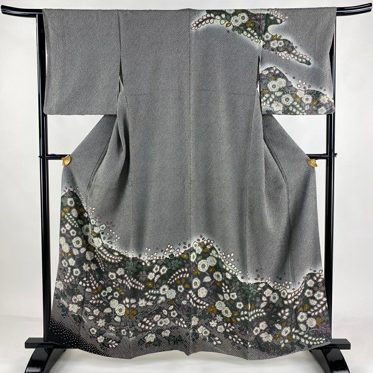 訪問着 身丈158.5cm 裄丈65cm M 袷 辻が花柄 疋田 箔 金彩 黒灰