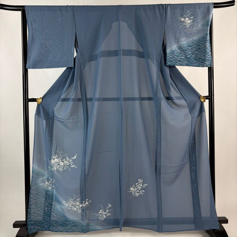 付下げ 身丈164.5cm 裄丈66cm M 薄物 絽 秋草 波 銀彩 ぼかし 青灰色