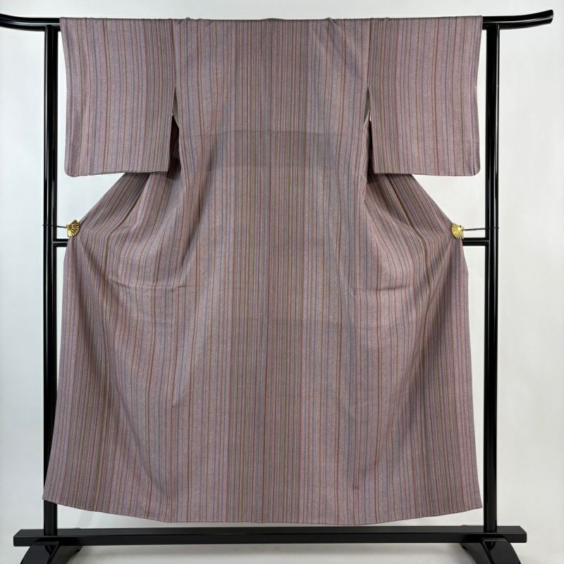 美品】 小紋 身丈154cm 裄丈63cm S 袷 縦縞 紫 正絹 優品｜中古・古着