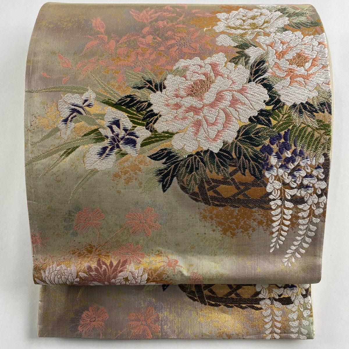 袋帯 秀品 お仕覆 草花 唐織 箔 茶緑色 六通 正絹|中古・古着 袋帯 秀品 お仕覆 草花 唐織 箔 茶緑色 六通 正絹|中古・古着