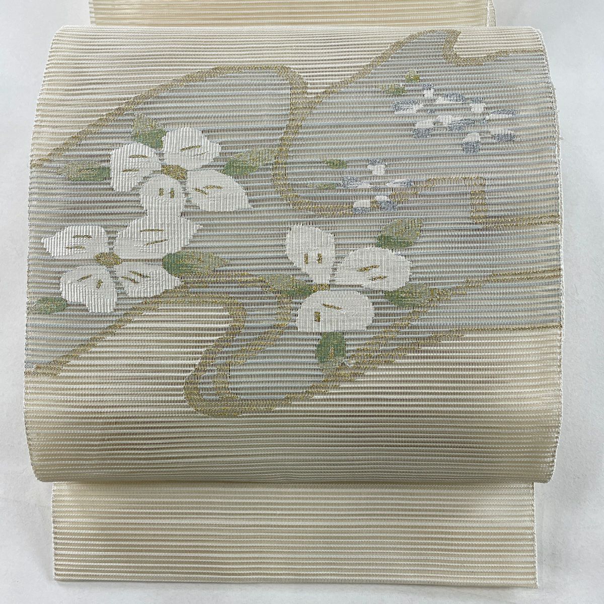 【半額】 百合 絽 夏帯 秀品 名古屋帯 金銀糸 正絹｜中古 ベージュ 銀彩 着物・浴衣