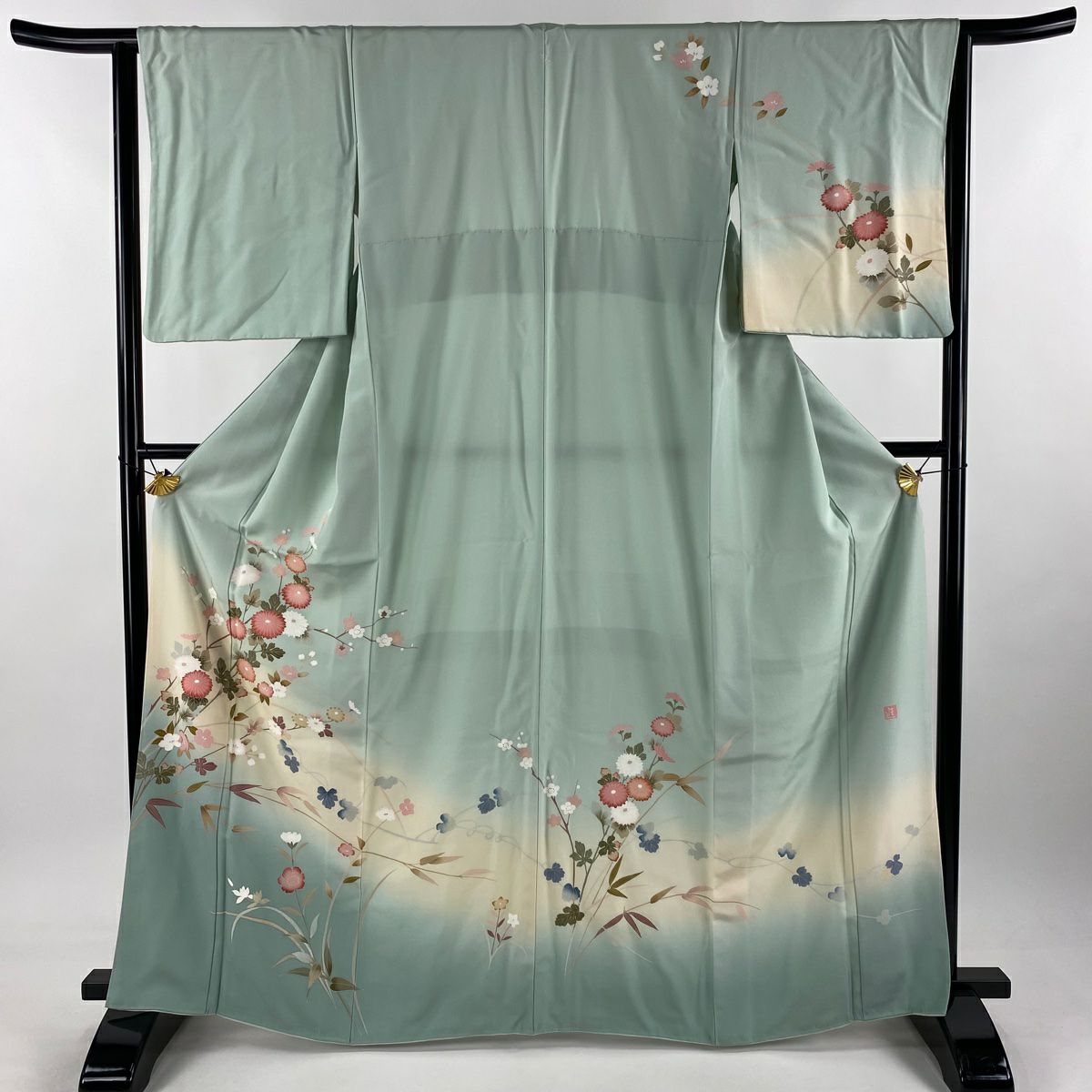 訪問着 身丈163.5cm 裄丈67cm M 袷 若松 梅 ぼかし 薄緑 正絹 秀