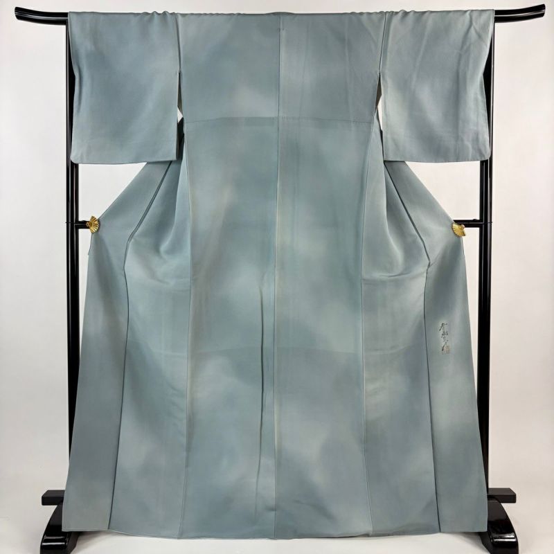 美品】 小紋 身丈169cm 裄丈66cm M 袷 斉藤三才 落款あり ぼかし柄 青