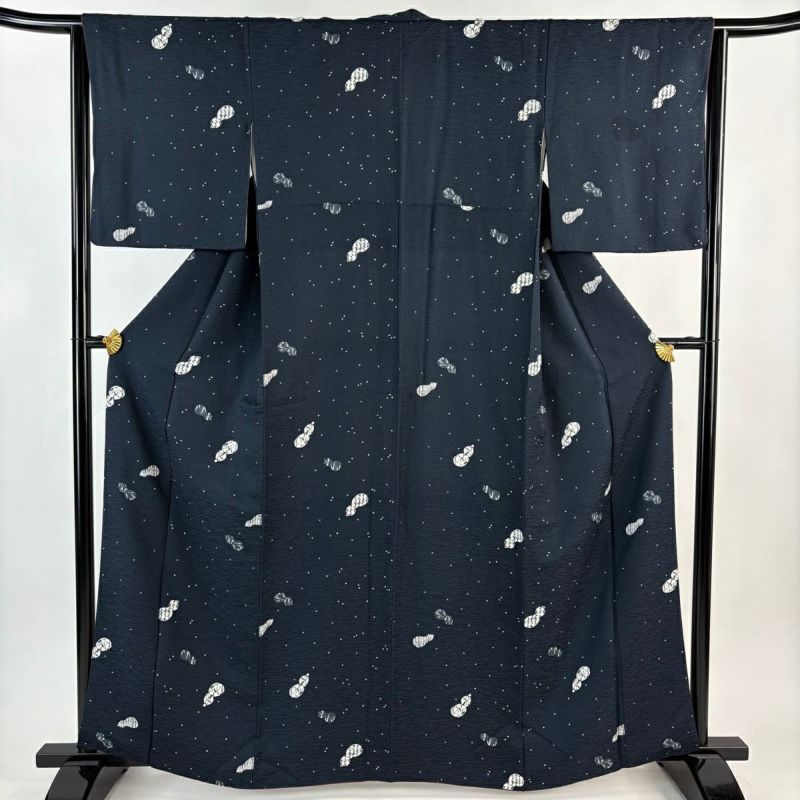 小紋 身丈162cm 裄丈64cm M 袷 瓢箪 霰 絞り 濃紺 正絹 秀品｜中古
