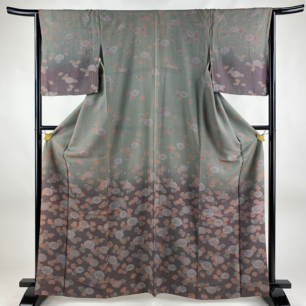 付下げ 身丈163.5cm 裄丈64.5cm M 袷 草花 金彩 ぼかし 深緑