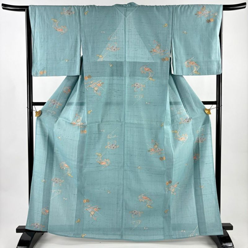 小紋 身丈164cm 裄丈65cm M 単衣 紬地 菊 流水 金彩 青緑 正絹 秀品