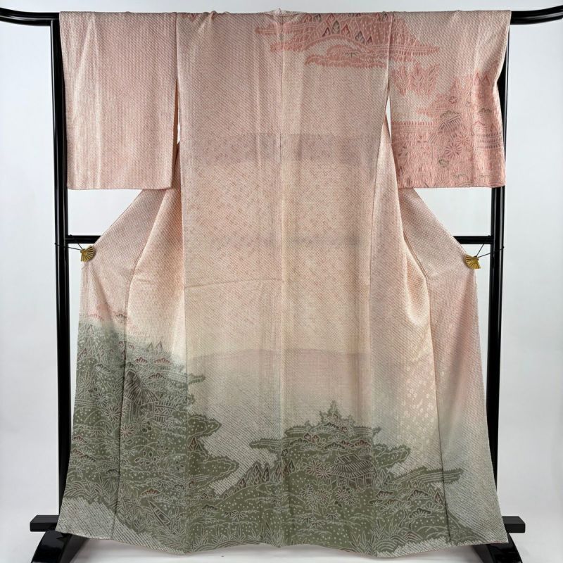 訪問着 身丈163.5cm 裄丈66cm M 袷 家屋 松竹梅 絞り 染め分け ピンク