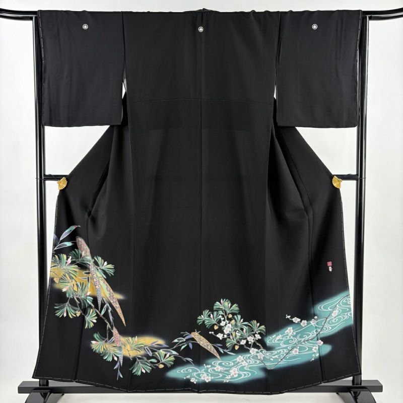 美品】 黒留袖 身丈158cm 裄丈65cm M 袷 松竹梅 霞霞 ぼかし 黒 正絹