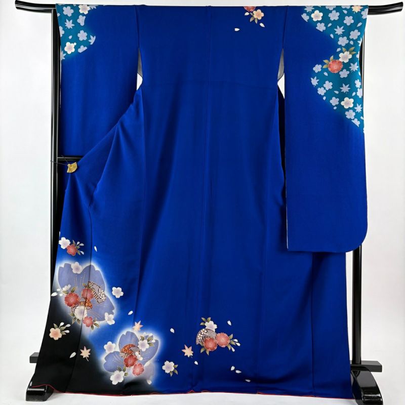 美品】 振袖 身丈173cm 裄丈67cm M 袷 桜 櫛 金彩 縮緬 青 正絹 名品