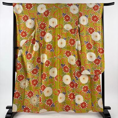 振袖 身丈163cm 裄丈67cm M 袷 菊唐草 金彩 ぼかし 抹茶色 正絹 名品