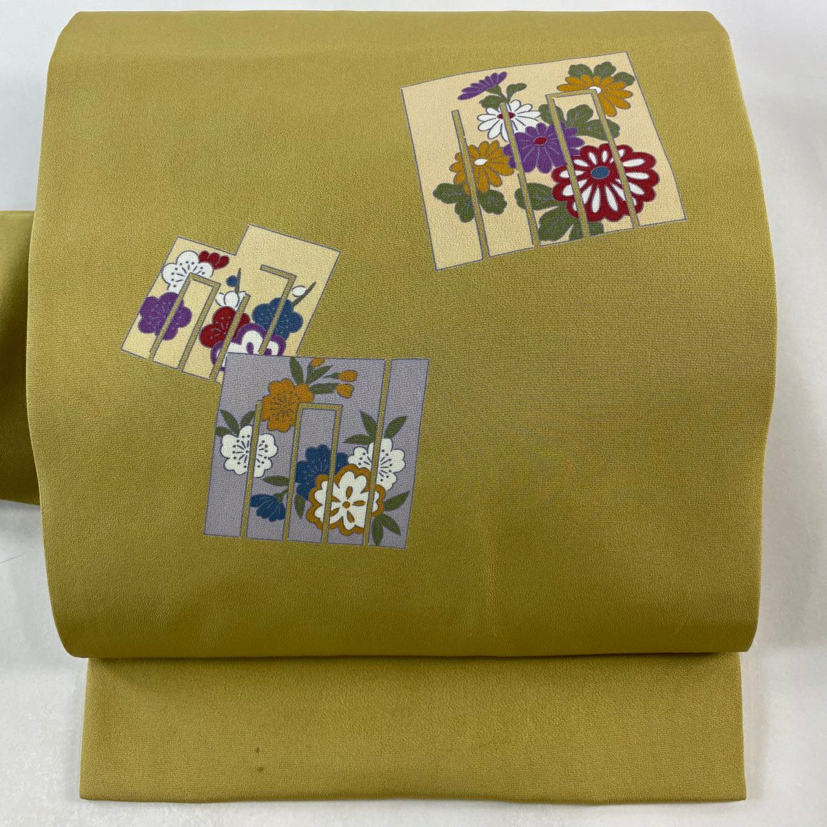 袋帯 秀品 関西仕立て 縞 幾何学模様 金糸 薄黄 六通 正絹｜中古・古着