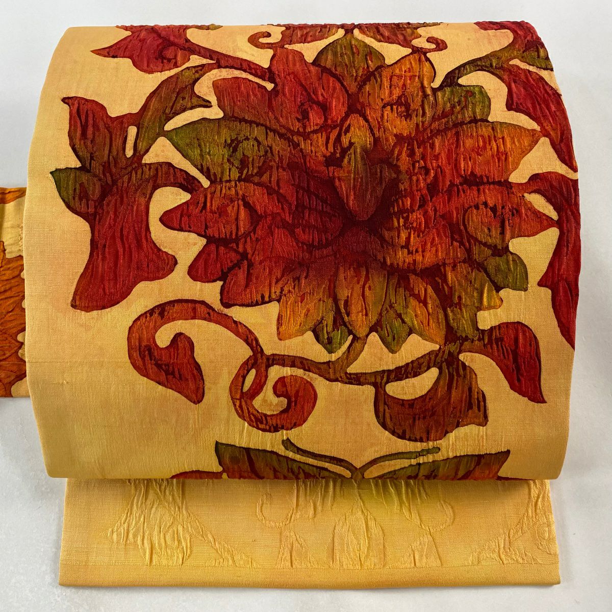 美品】 袋帯 秀品 花唐草 箔 オレンジ 六通 正絹 ｜中古・古着