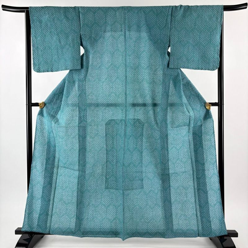 浴衣 身丈160cm 裄丈65.5cm M 亀甲 絞り浴衣 青緑 綿 名品｜中古・古着