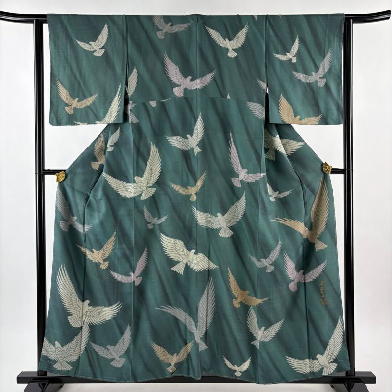 美品】 付下げ 身丈157cm 裄丈63cm S 袷 斉藤三才 落款あり 鳥 ぼかし