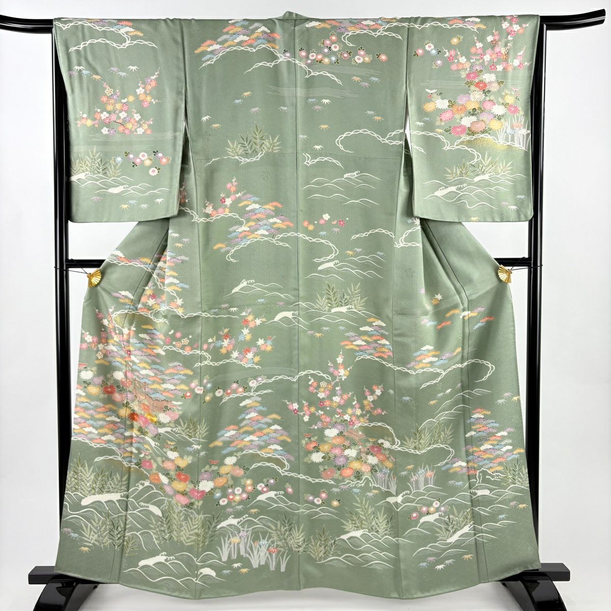 訪問着 身丈161cm 裄丈67cm M 袷 松竹梅 菊 刺繍 金糸 灰緑 正絹 名品