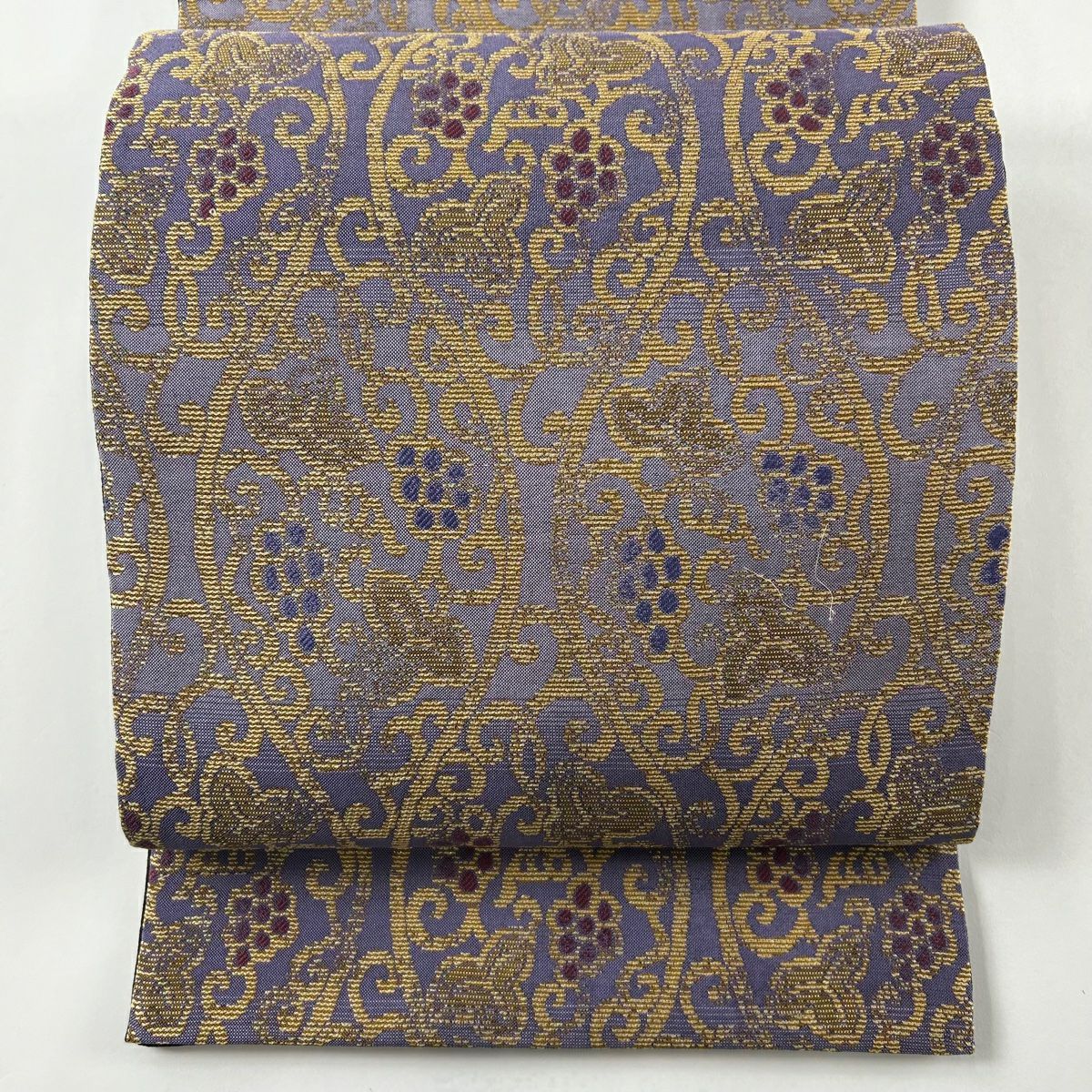 袋帯 塗り付け 美品 名品 よろけ縞 波 箔 金銀糸 紫 全通 正絹 袋帯 塗り付け 美品 名品 よろけ縞 波 箔 金銀糸 紫 全通 正絹
