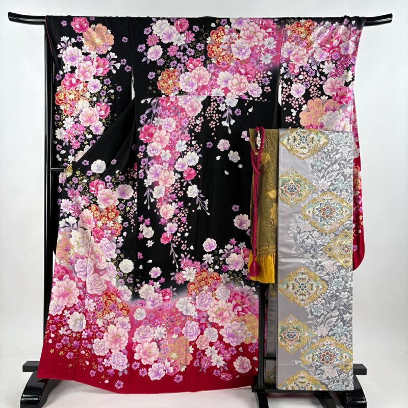 振袖 身丈167cm 裄丈69cm L 袷 袋帯フルセット 鈴乃屋 薔薇 草花