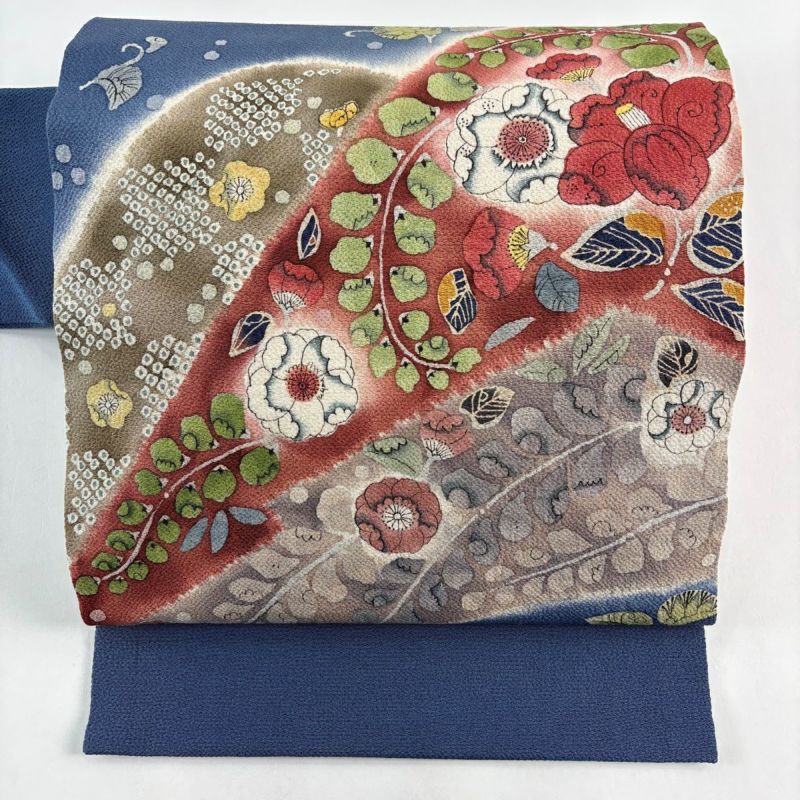 名古屋帯 秀品 落款あり 辻が花柄 草花 縮緬 えんじ色 正絹｜中古