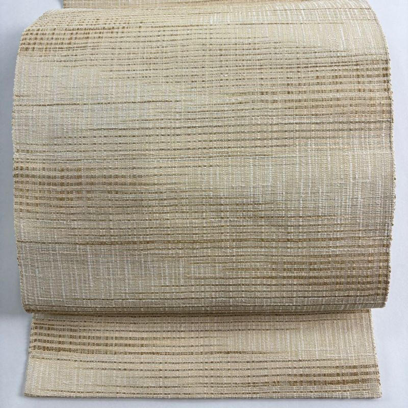 名古屋帯 美品 名品 八寸名古屋帯 松葉仕立て 市松 縞 正絹 美品】名古屋帯 秀品 八寸名古屋帯 松葉仕立て 縞 クリーム 正絹｜中古