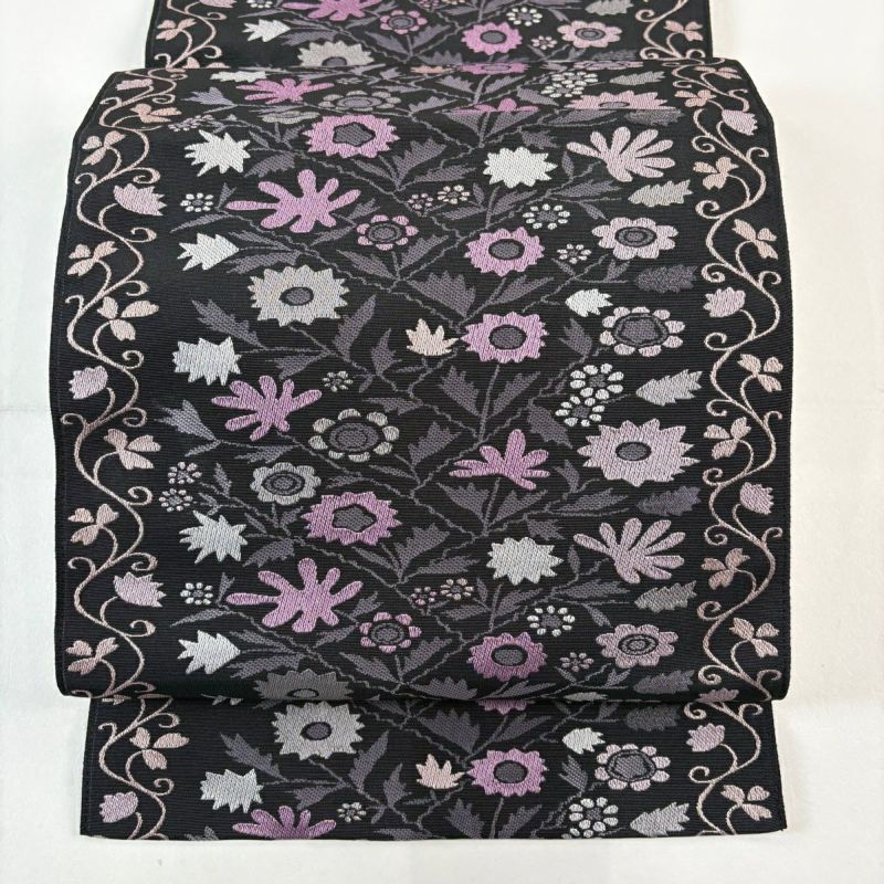 名古屋帯 名品 松葉仕立て 八寸名古屋帯 草花 花唐草 濃紫 正絹｜中古