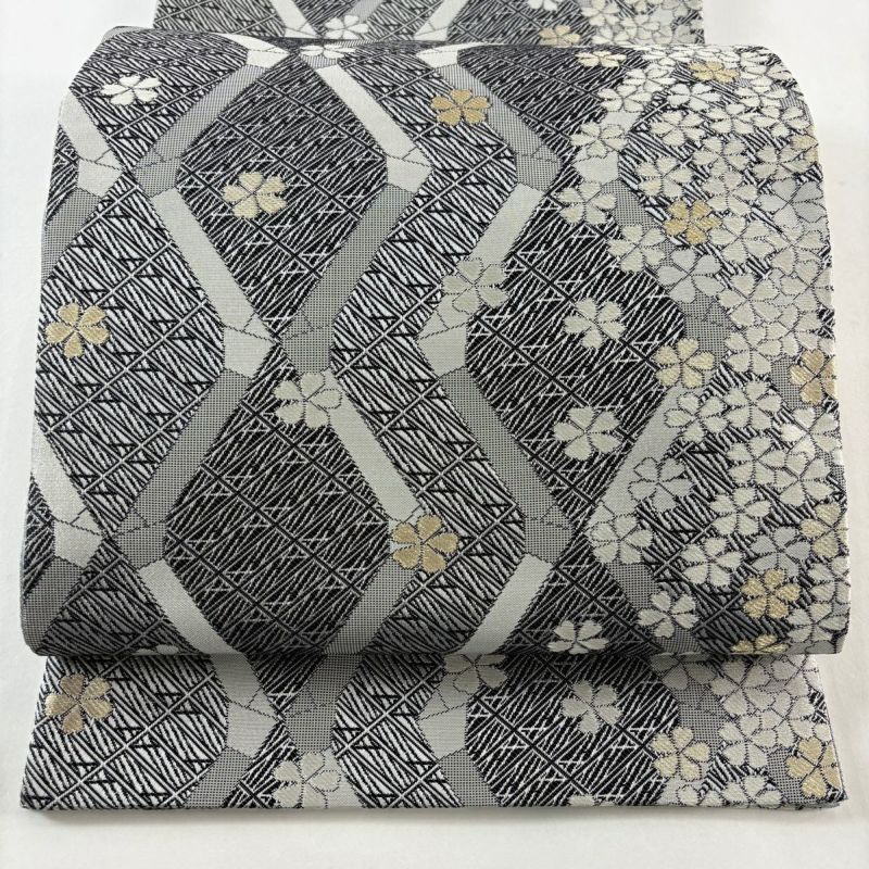 美品】 袋帯 名品 斉藤三才 落款あり 花 幾何学模様 金銀糸 黒灰 全通