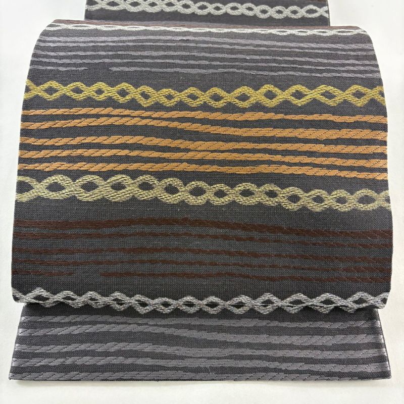 美品】 袋帯 名品 縞 幾何学模様 金銀糸 紫 六通 正絹｜中古・古着