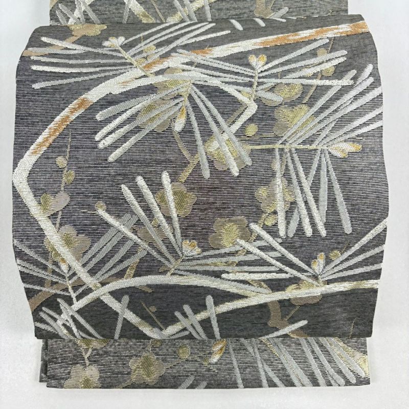 美品】 袋帯 名品 若松 枝梅 箔 黒灰 六通 正絹｜中古・古着
