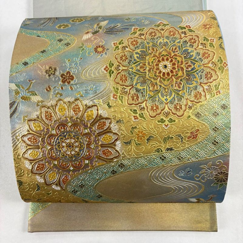 美品】 袋帯 名品 華文 花鳥 金銀彩 ぼかし 金色 お太鼓柄 正絹｜中古
