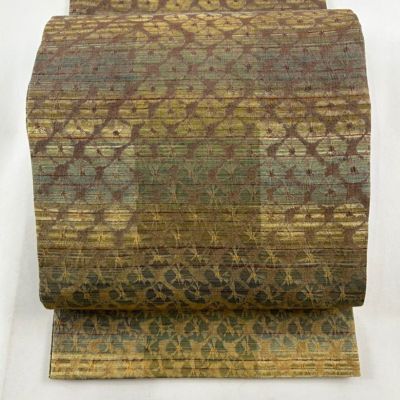 袋帯 美品 名品 縞 幾何学 茶緑色 全通 正絹|中古・古着