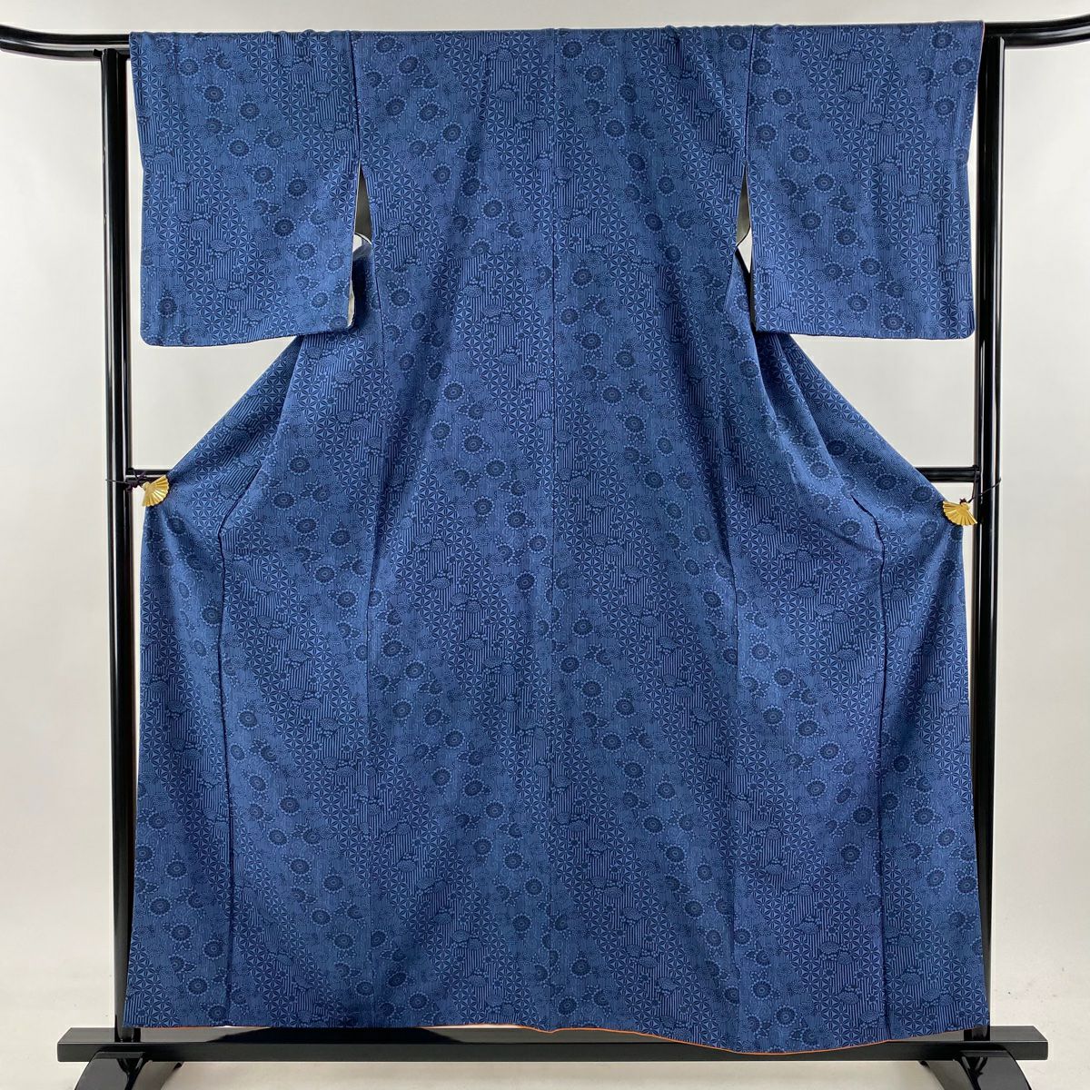 小紋 身丈157cm 裄丈64cm M 袷 花丸文 菊 紺色 正絹 美品 秀品