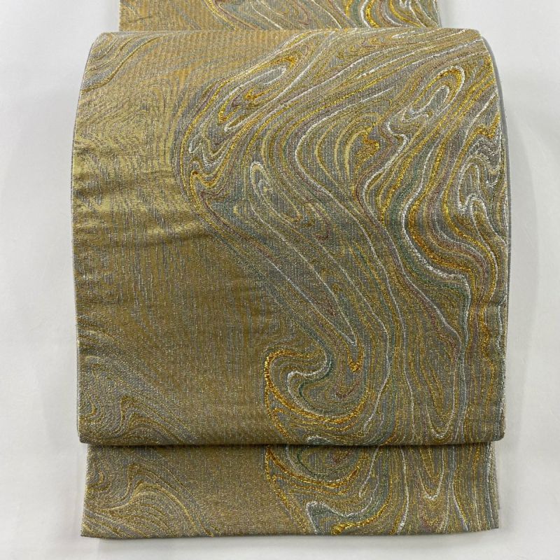 美品】 袋帯 秀品 深山渓谷文様 ラメ糸 箔 金色 六通 正絹 ｜中古