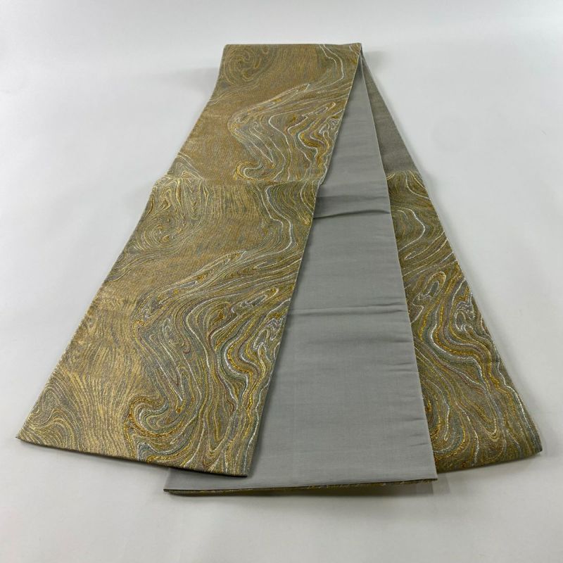 美品】 袋帯 秀品 深山渓谷文様 ラメ糸 箔 金色 六通 正絹 ｜中古