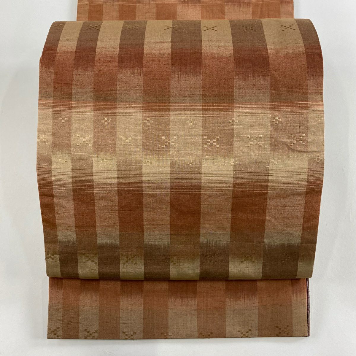 50%OFF 袋帯 秀品 紬地 縞 幾何学 赤茶 全通 正絹 K50｜中古・古着