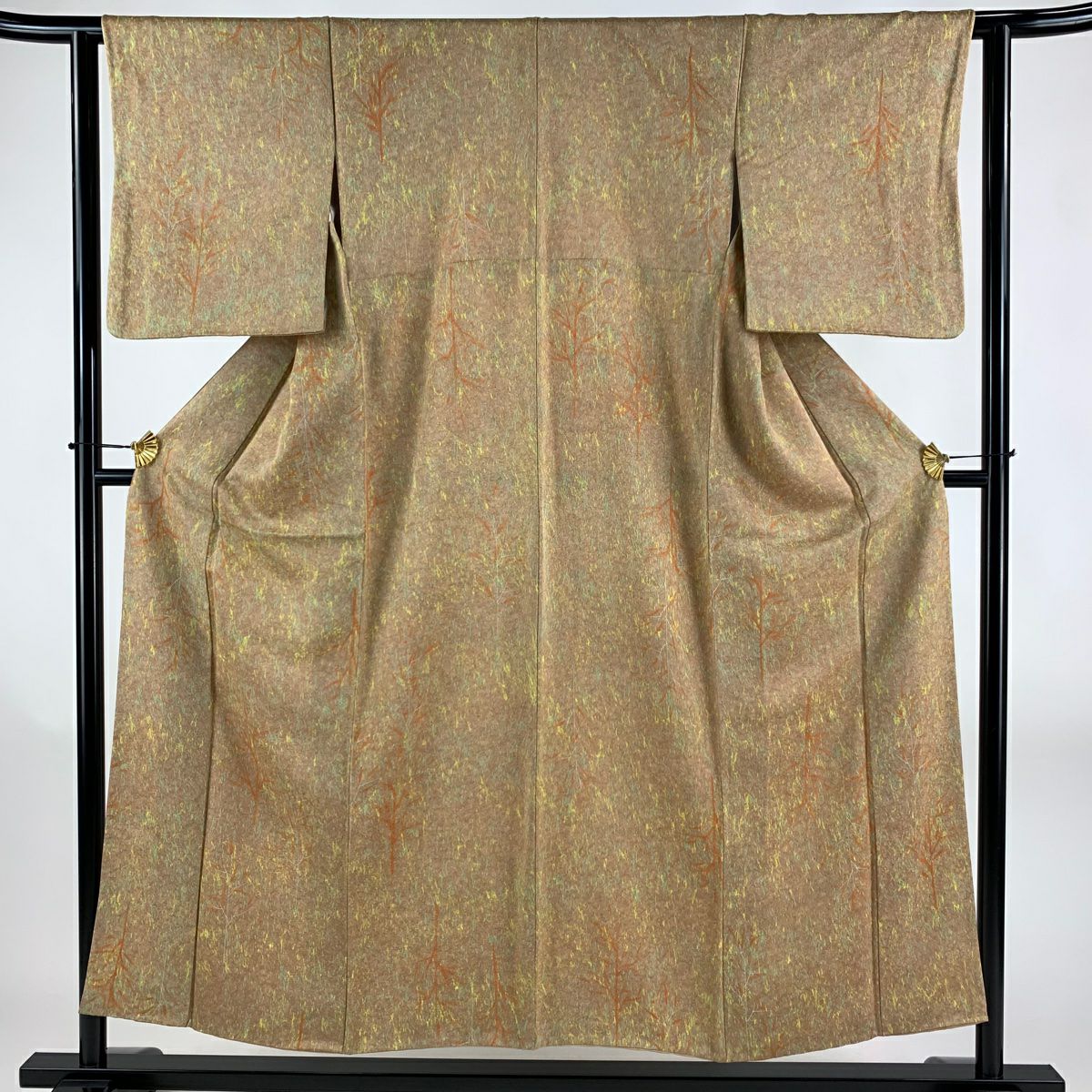 小紋 身丈152cm 裄丈62.5cm S 袷 紬地 枝花 茶色 正絹 優品|中古