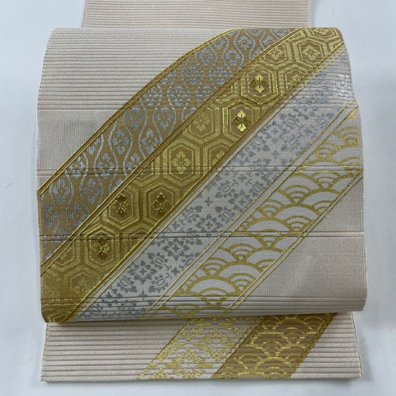 名古屋帯 美品 秀品 夏帯 絽 八寸名古屋帯 縞 変わり市松 金糸
