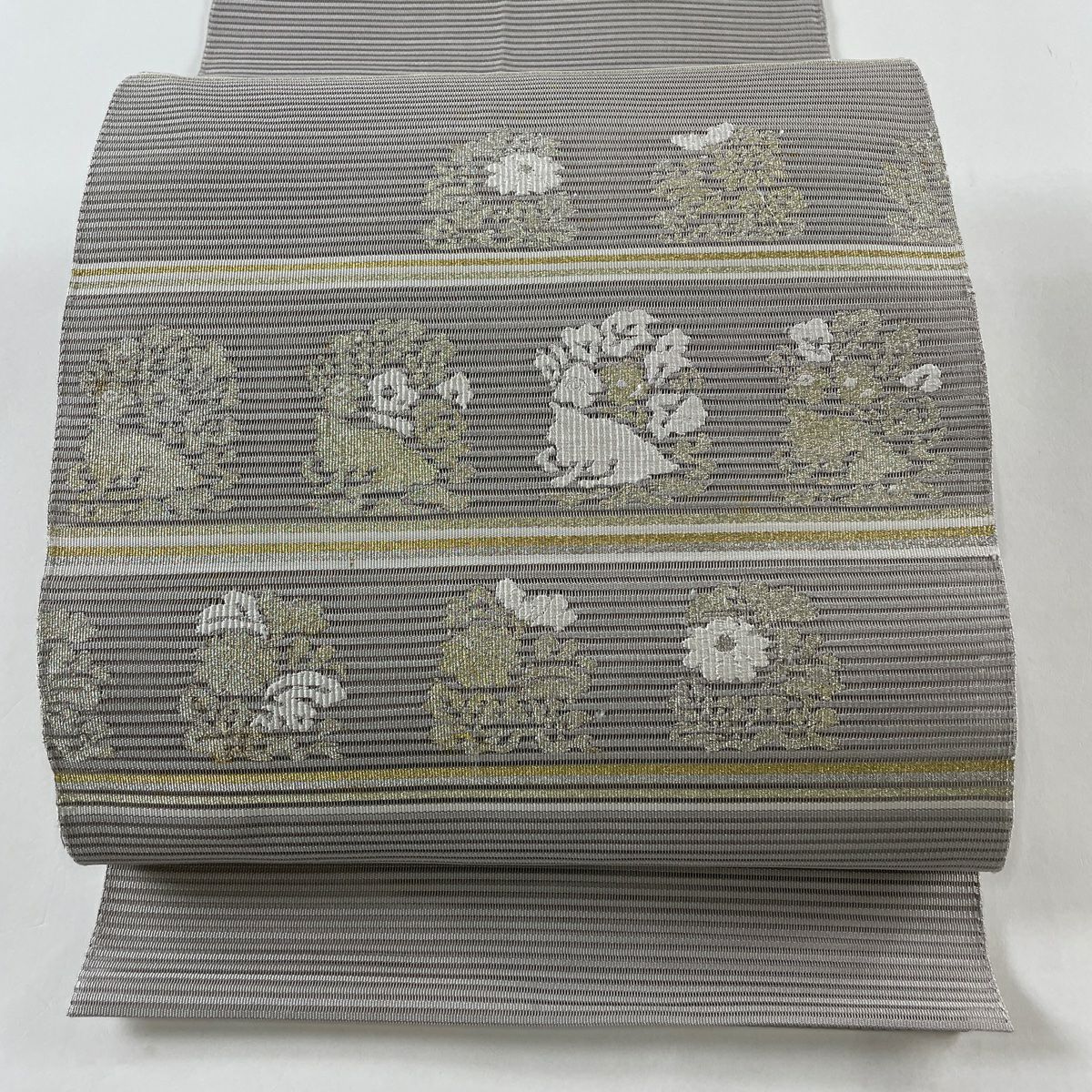 名古屋帯 美品 秀品 紬地 風景 草花 青灰色 正絹 【中古