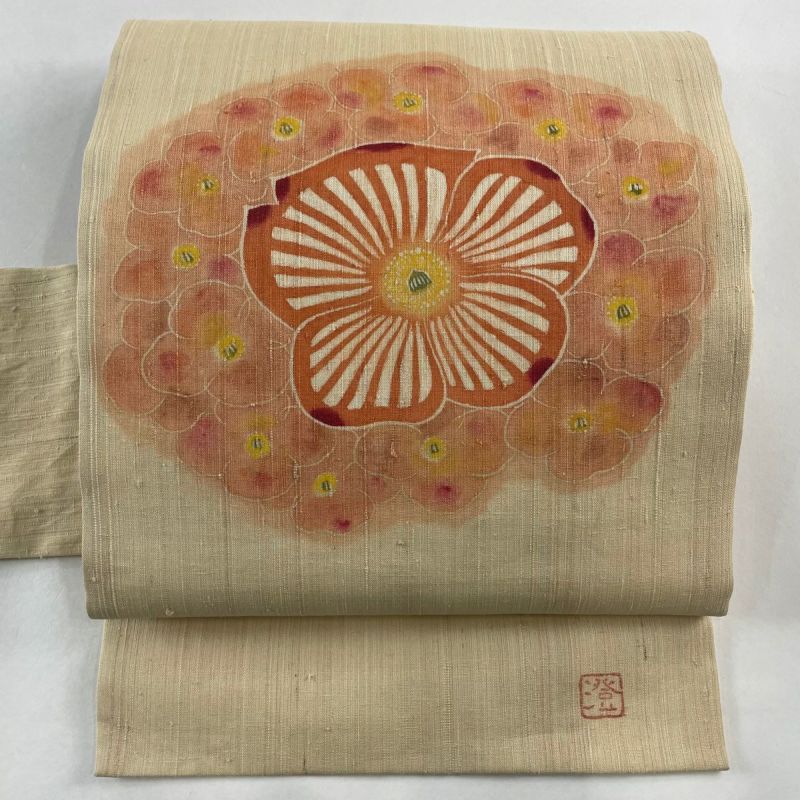 楽天 送料無料にならない 秀品 美品 名古屋帯 落款あり 正絹｜中古 ベージュ 花 夏紬地 着物・浴衣