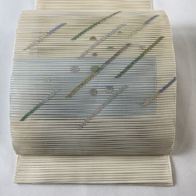 名古屋帯 秀品 夏帯 絽 八寸名古屋帯 縞 幾何学模様 箔 クリーム