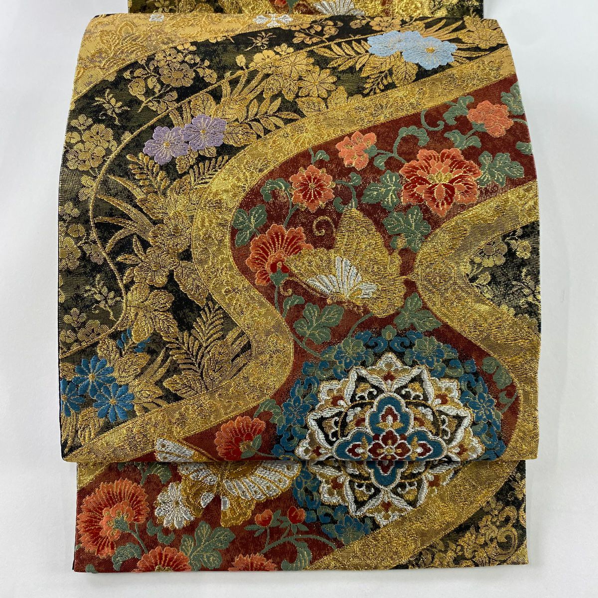 袋帯 秀品 蝶 菊 箔 金銀糸 金色 六通 正絹 ｜中古・古着・リサイクル