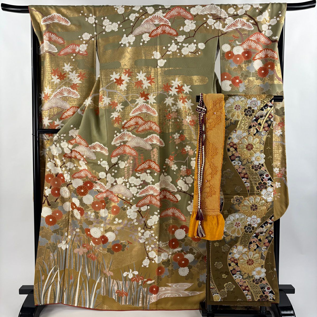 振袖 袋帯 4点セット 桜 蝶 金銀彩 身丈163cm 裄丈66cm M 正絹 振袖 身丈158cm 裄丈68cm L 袷 袋帯フルセット 牡丹 桜 金彩 箔