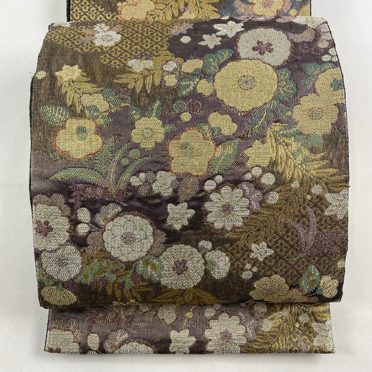袋帯 美品 名品 やまと 草花 道長取 金糸 箔 灰紫 六通 正絹|中古 