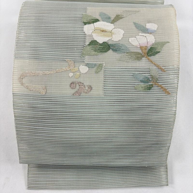 名古屋帯 優品 八寸名古屋帯 松葉仕立て 夏帯 絽 色紙 椿 箔 金銀糸 灰