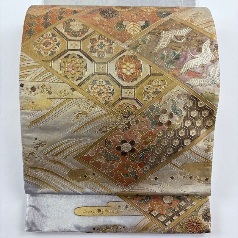 袋帯 名品 草花 蜀江華文 螺鈿 金銀彩 銀色 お太鼓柄 正絹｜中古・古着