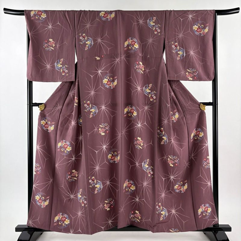 小紋 身丈156cm 裄丈68cm L 単衣 麻の葉 花丸文 小豆色 正絹 優品